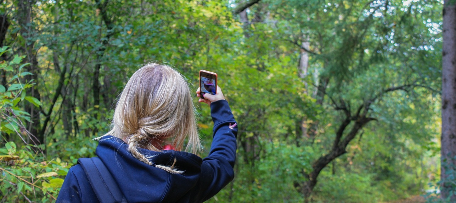 Frau mit Smartphone im Wald