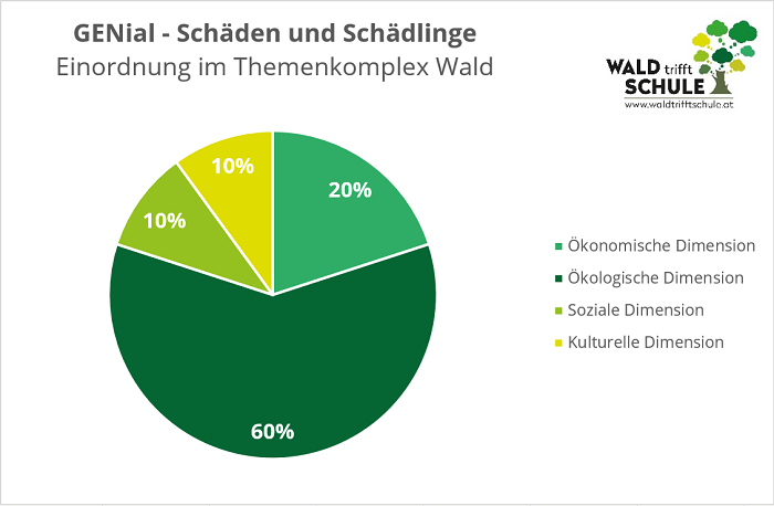 Das Tortendiagramm zeigt, dass die Unterlage zu 60 % die ökologische, zu 20 % die ökonomische, und jeweils zu 10 % die soziale und kulturelle Dimension des Waldes behandelt.